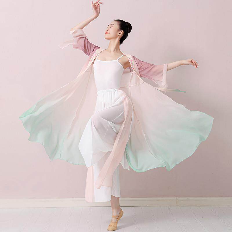 古典舞蹈服女飘逸长款外披纱衣表演服中国舞现代舞身韵练功服套装