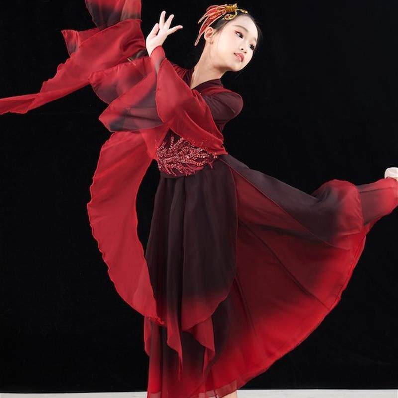 古典舞蹈服女童中国风纱衣黑红大摆裙古装仙气飘逸伞舞扇子演出服