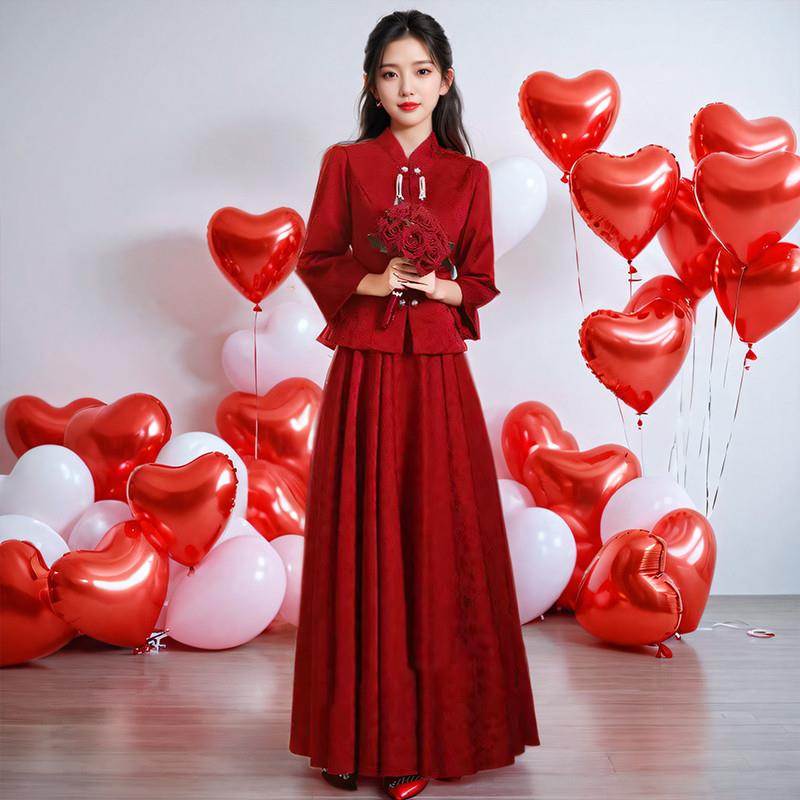 小个子新中式订婚礼服2024秋冬新款高端轻奢回门服红色长袖敬酒服