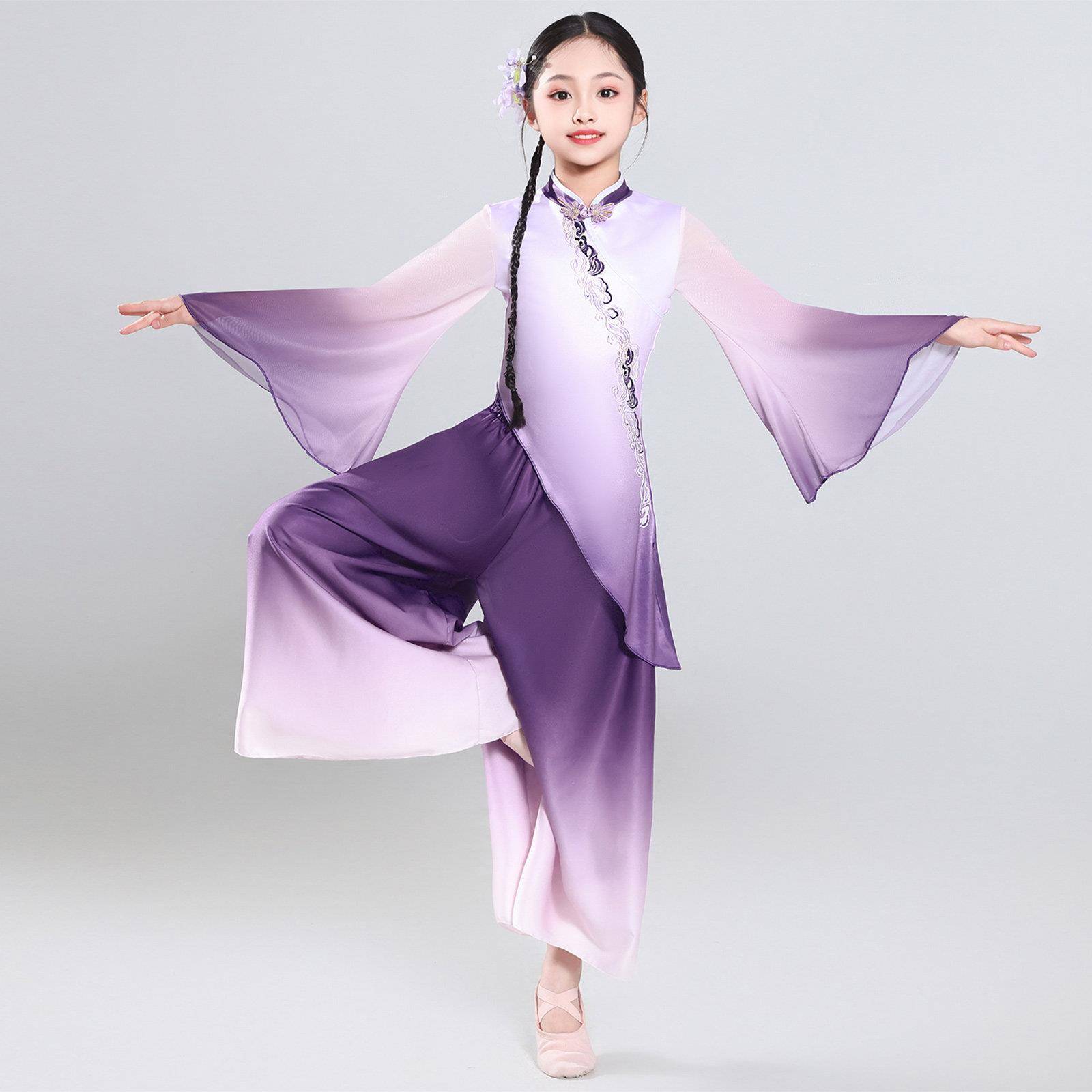 新款中国FOI风儿童古长渐典舞蹈演出服女飘身逸紫色层袖韵纱衣表