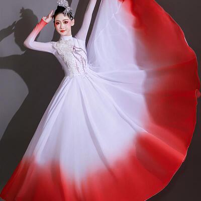 开场舞大摆裙女大气红色灯火里的中国风古典舞蹈服装歌伴舞连衣裙