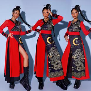 爵士舞服装套装中国风舞蹈服红色国潮打鼓服成人舞台装年会演出服