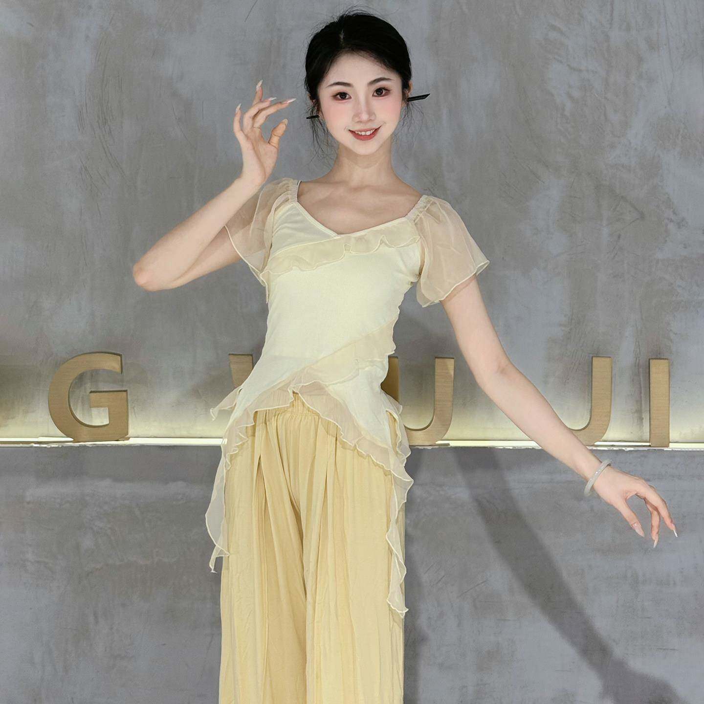 边古服典舞蹈服荷叶短袖形体练功OXU服飘逸上衣中国现代舞训练演