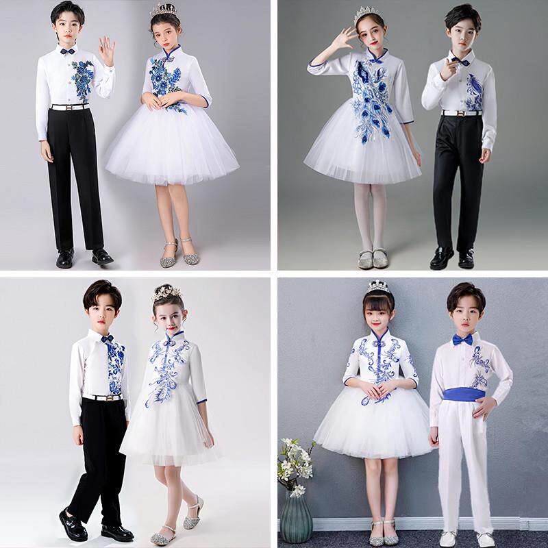 新款儿童青花瓷演出服男女小学生中国风古筝诗歌朗诵大合唱团礼服