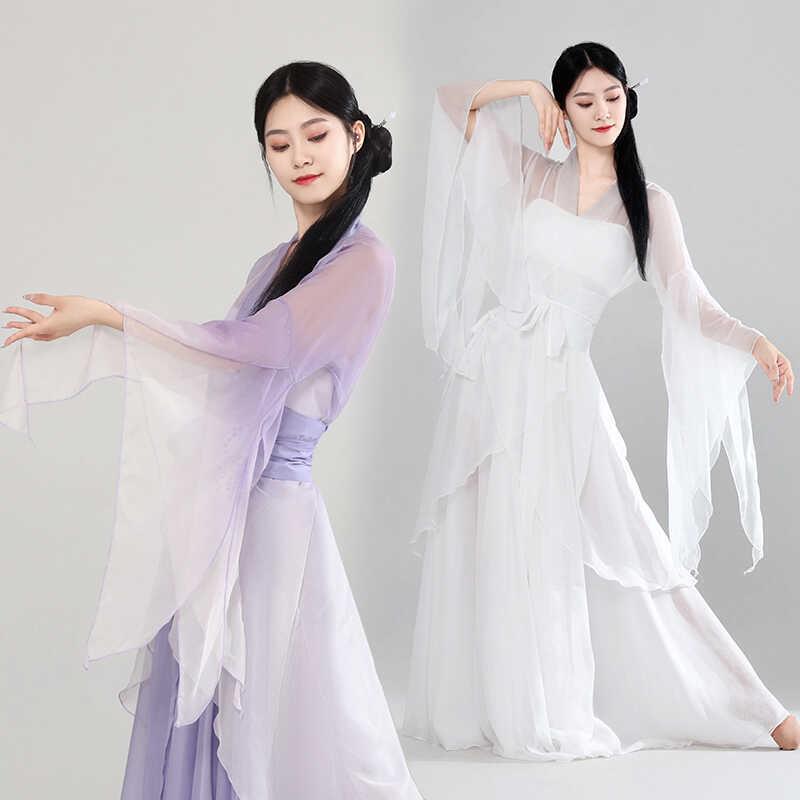古典舞蹈服女飘逸大袖衫纱衣白色古风仙气大摆裙中国舞前世今生