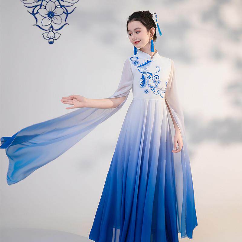 儿童古筝演出服中国风古典大摆裙民族风礼服女童中大童成人表演服