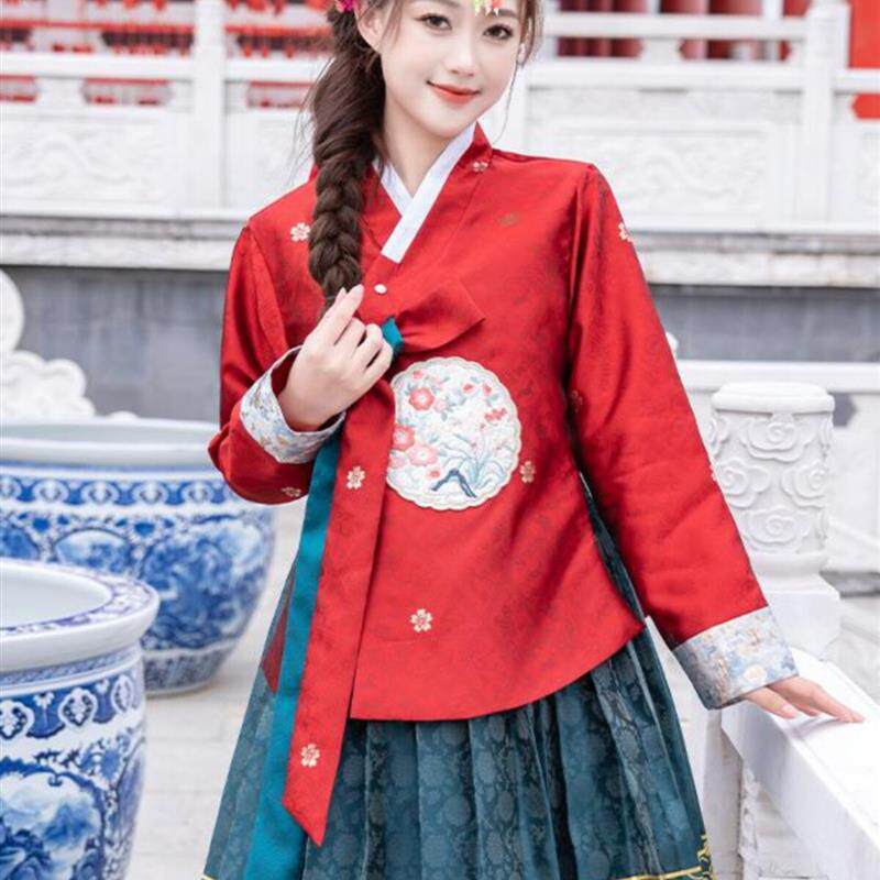 2025新朝鲜服鲜族服韩服女成人传统韩国古装红青色民族舞蹈演出服