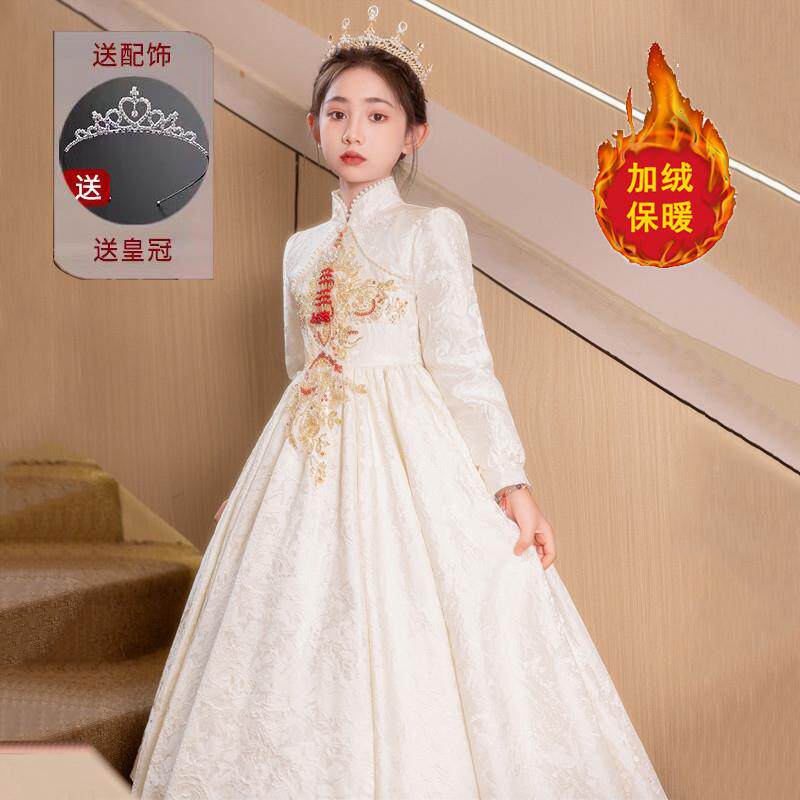 礼服女童秋冬加绒花童婚礼小女孩主持人钢琴演出服儿童生日连衣裙