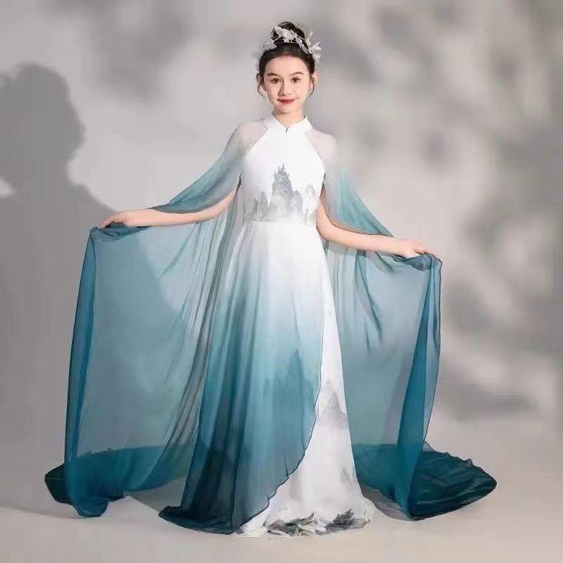 女古筝演出服新款童国风山水CUL中画飘长裙儿童民乐逸演奏礼服