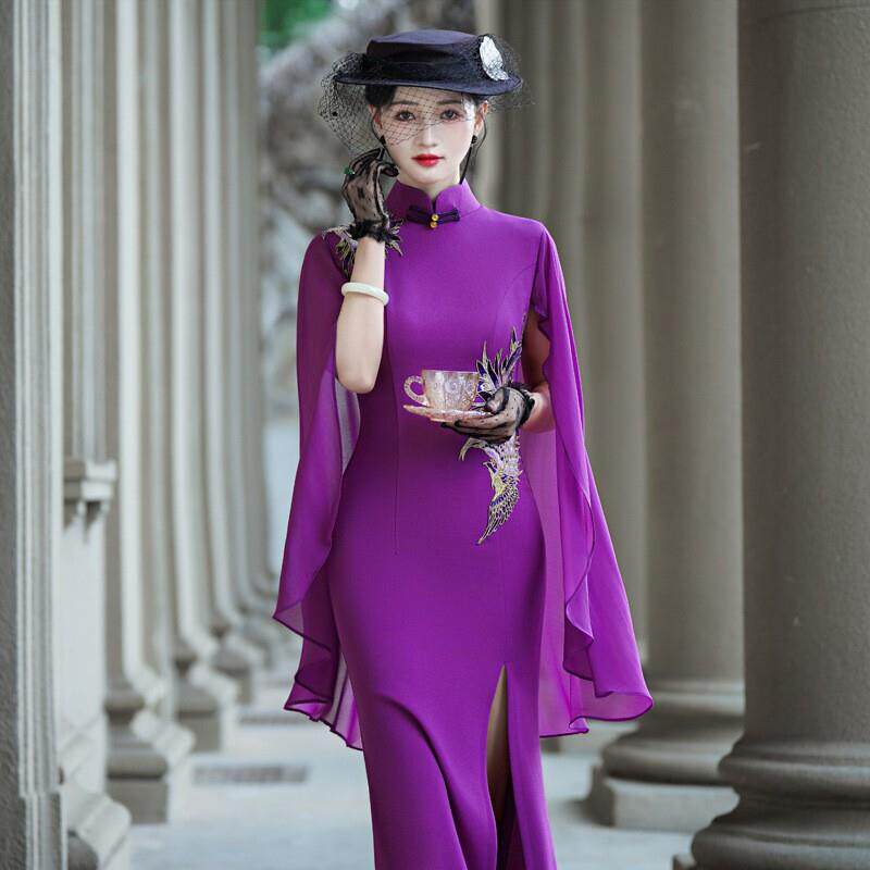 紫色披肩旗袍高端大气上档次走秀舞台演出服新中式鱼尾长版旗袍女