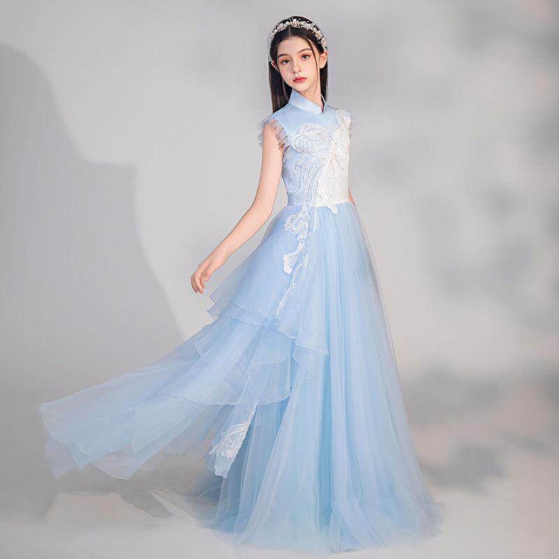 儿童民乐演出服2025新款浅蓝色新中式走秀礼服裙小女孩国风古筝服