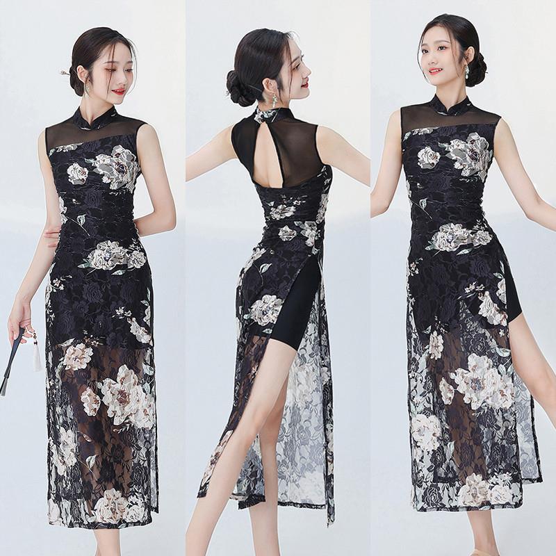 现代古典舞蹈练功服改良性感旗袍无袖黑色蕾丝长版古风爵士舞服装