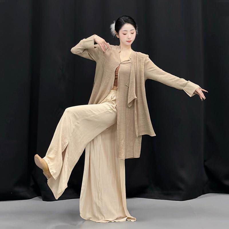 现代舞宽松长袖飘逸衬衫不规则中国舞蹈上衣透气开衫套装