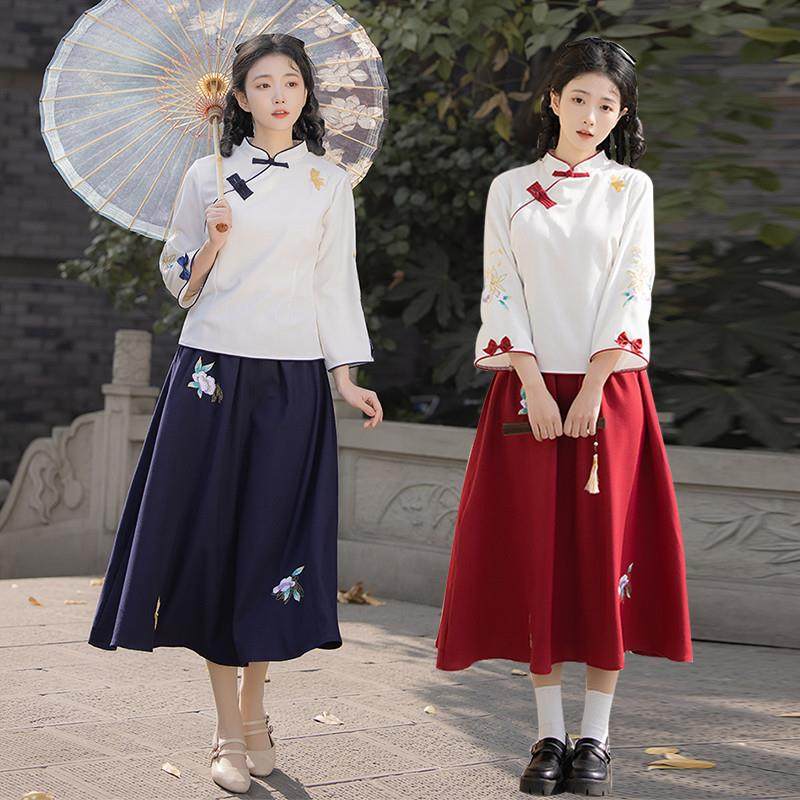 民国风女装复古中国风春夏改良汉服文艺两件套学生装班服日常套装