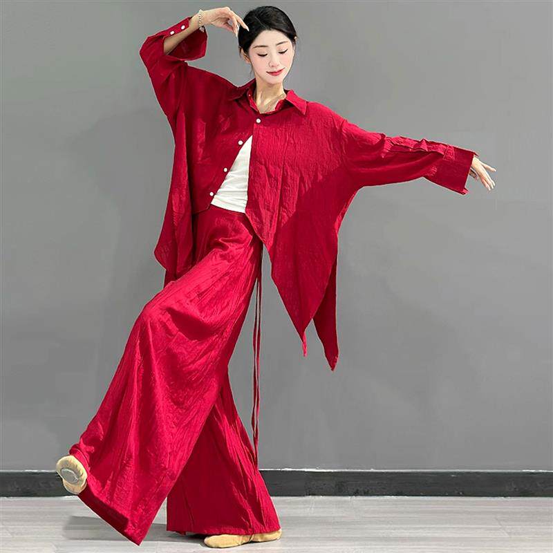 现代舞蹈服套装新款练功服流行舞衬衫表演服红色上衣古典舞演出服