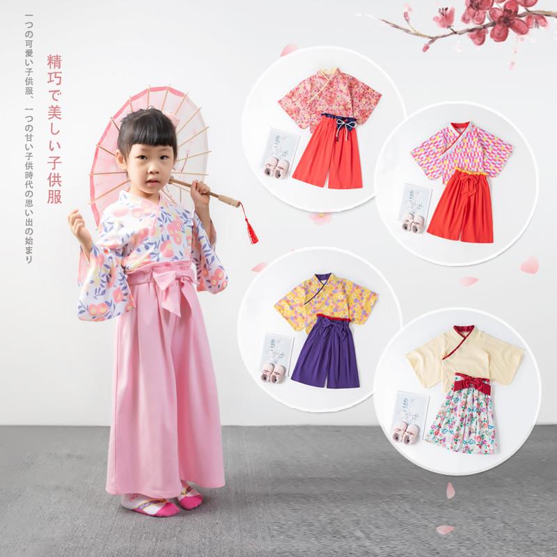 春秋女童长袖花朵印花蝴蝶结和服套装