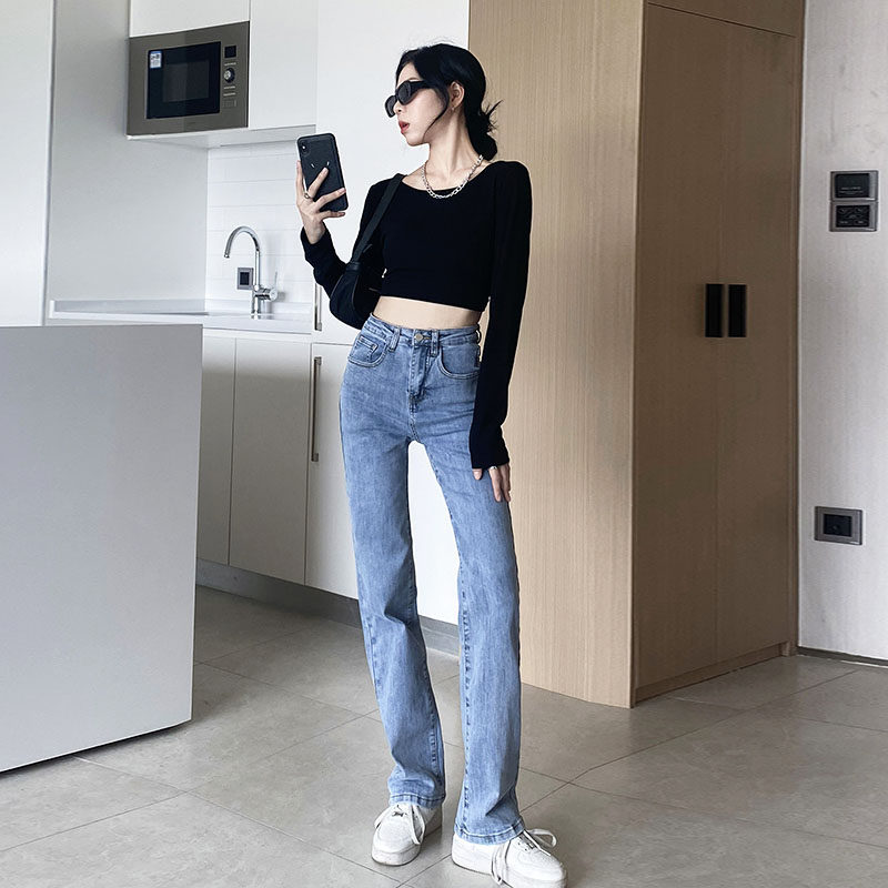 OROI小直筒牛仔裤女2022春夏新款韩版弹力高腰显瘦宽松chic烟管裤