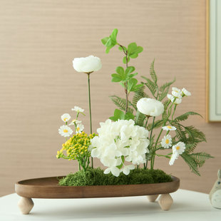 初若安然新中式木制托盘白色系仿真花客厅展厅玄关办公室装饰摆件