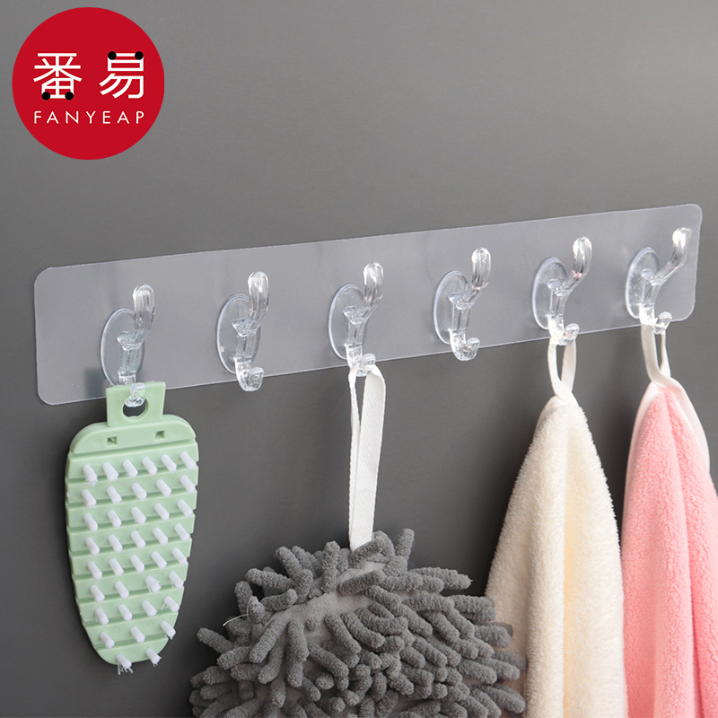 粘钩/联排A1pq801-连排挂钩透明六联粘胶免打孔门后用家用粘钩