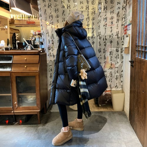 韩版中长款连帽黑金鹅绒羽绒服女