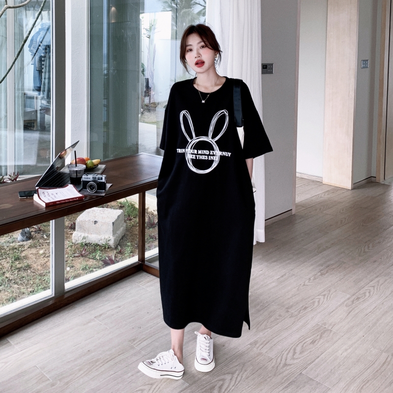 欧洲站连衣裙女夏季韩版休闲宽松超长裙慵懒风刺绣开叉显瘦T恤裙