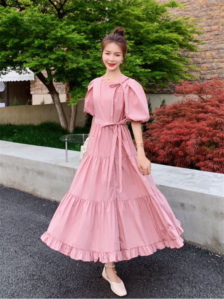 粉色连衣裙女夏温柔风法式复古遮肉显瘦桔梗初恋裙方领超长裙及踝