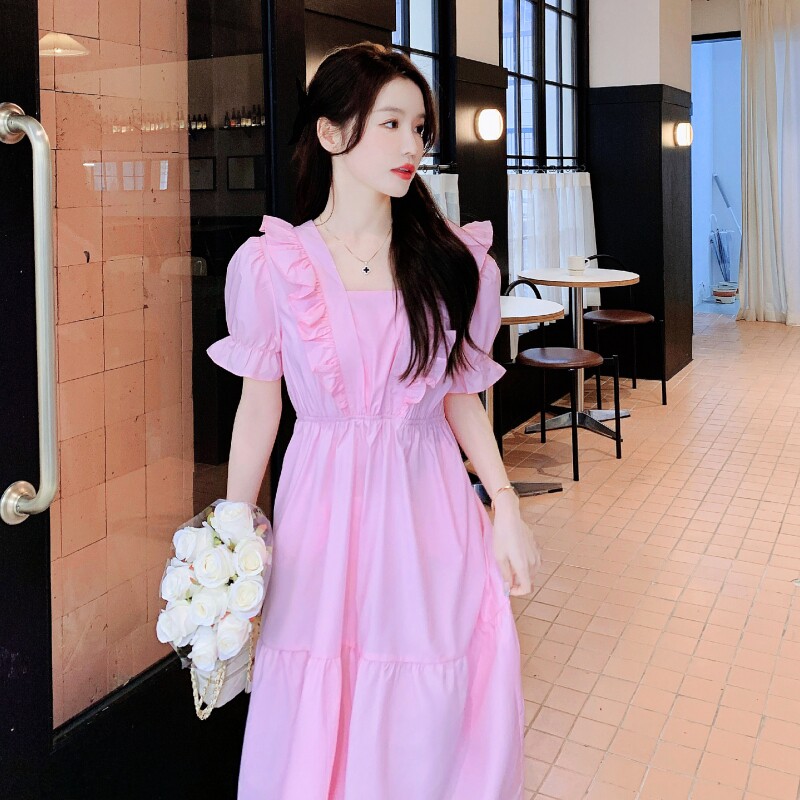 温柔风高级感小个子粉色木耳边连衣裙女韩系泡泡袖甜美初恋茶歇裙