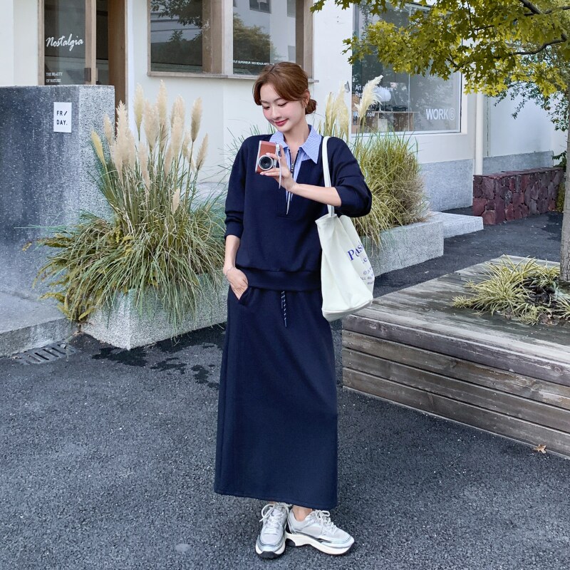 韩版减龄假两件卫衣半身裙套装女