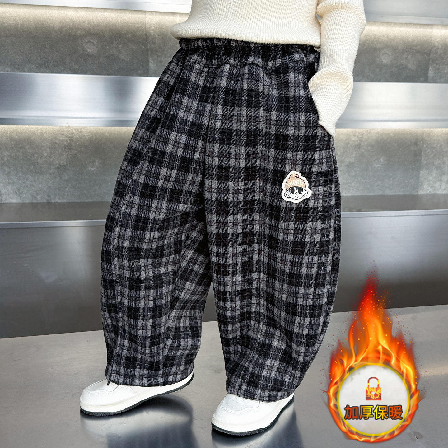 男童加绒裤子冬季儿童格子弯刀裤