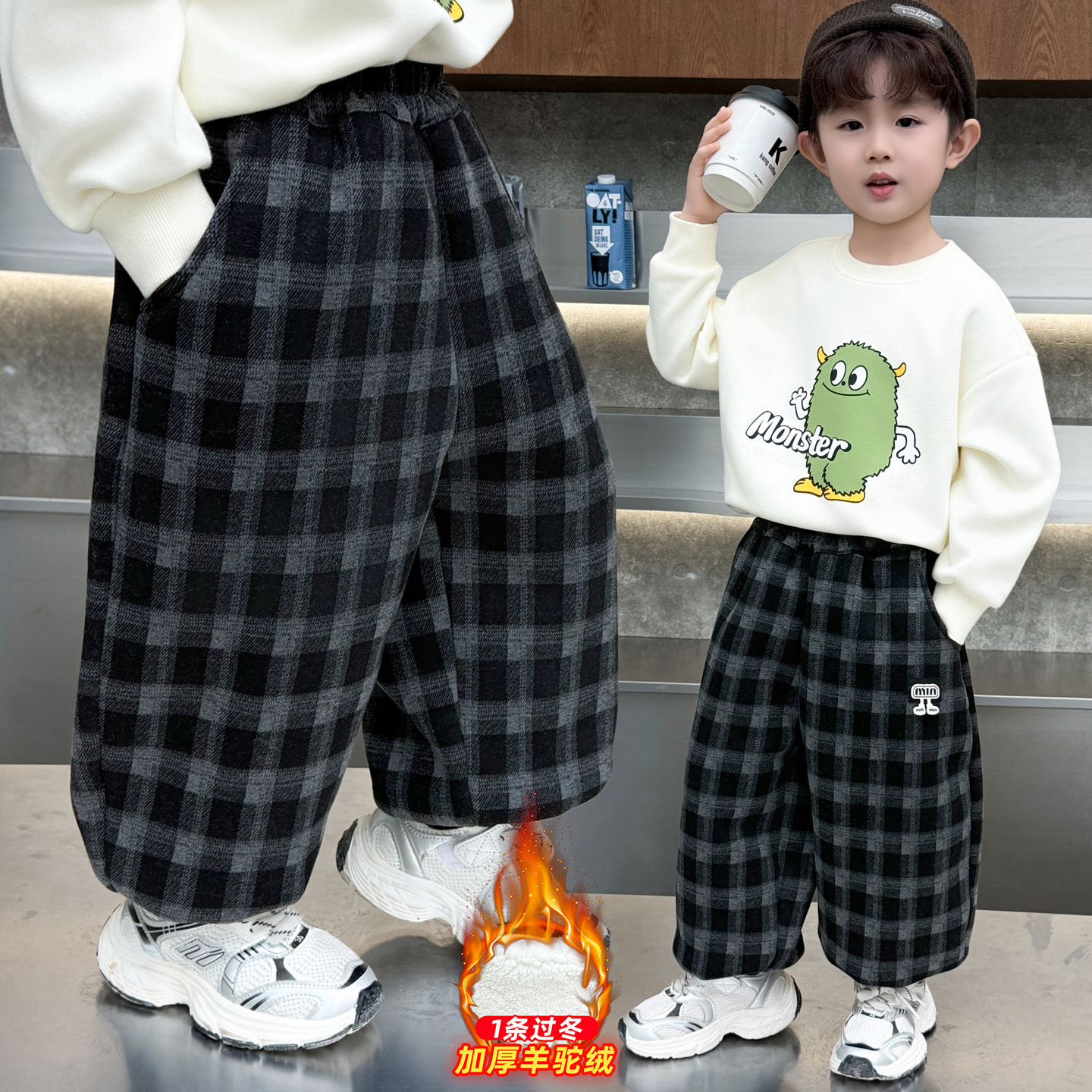 男童加绒格子裤子2025新款儿童