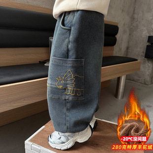 男童小恐龙灯笼特厚羊羔绒牛仔裤儿童冬季保暖抗寒宽松束脚抗起球