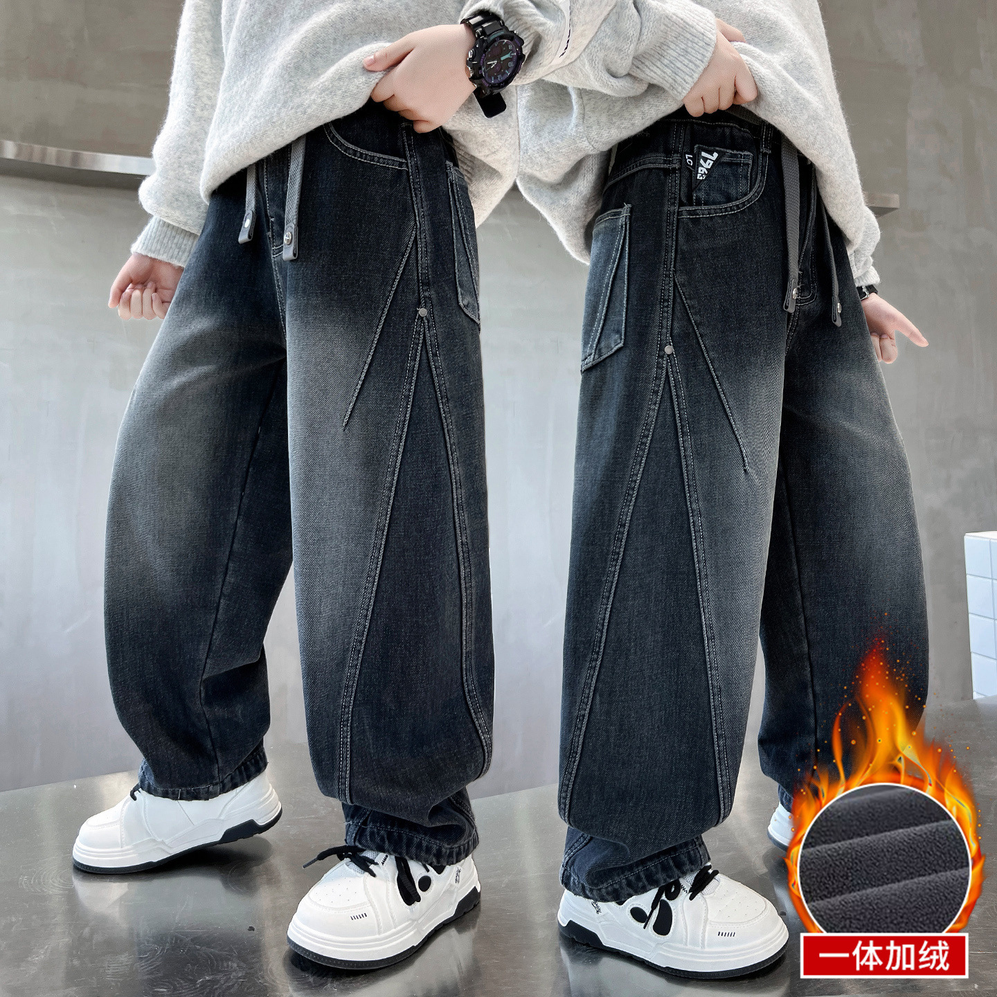 男童冬季加绒牛仔裤2025新中大童