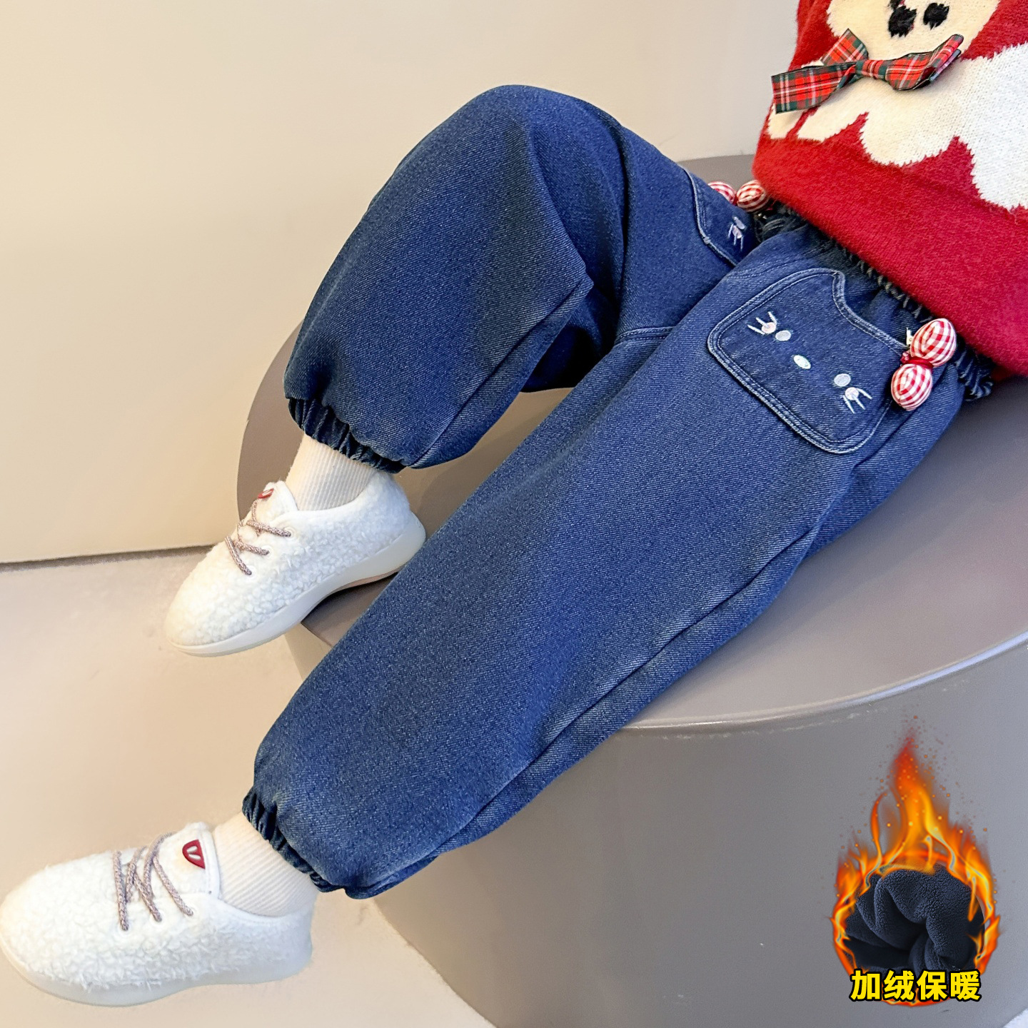 女童加绒牛仔裤秋冬款洋气女宝宝