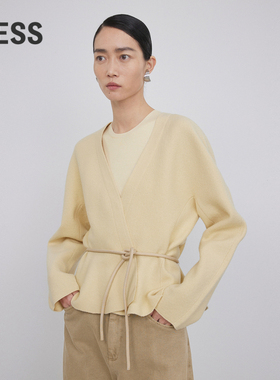 LESS春秋绵羊毛开衫女休闲简约系带收腰V领短款针织衫2N9310830