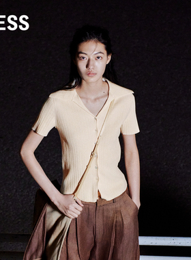 LESS夏季翻领条纹开衫女修身polo领短袖T恤针织衫2N631240K