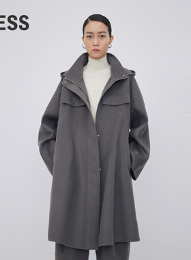 LESS秋冬绵羊毛连帽中长款呢质感大衣外套2NB813150