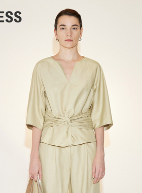 LESS夏季棉麻衬衣女休闲时尚气质收腰V领套头衬衫2N5211670