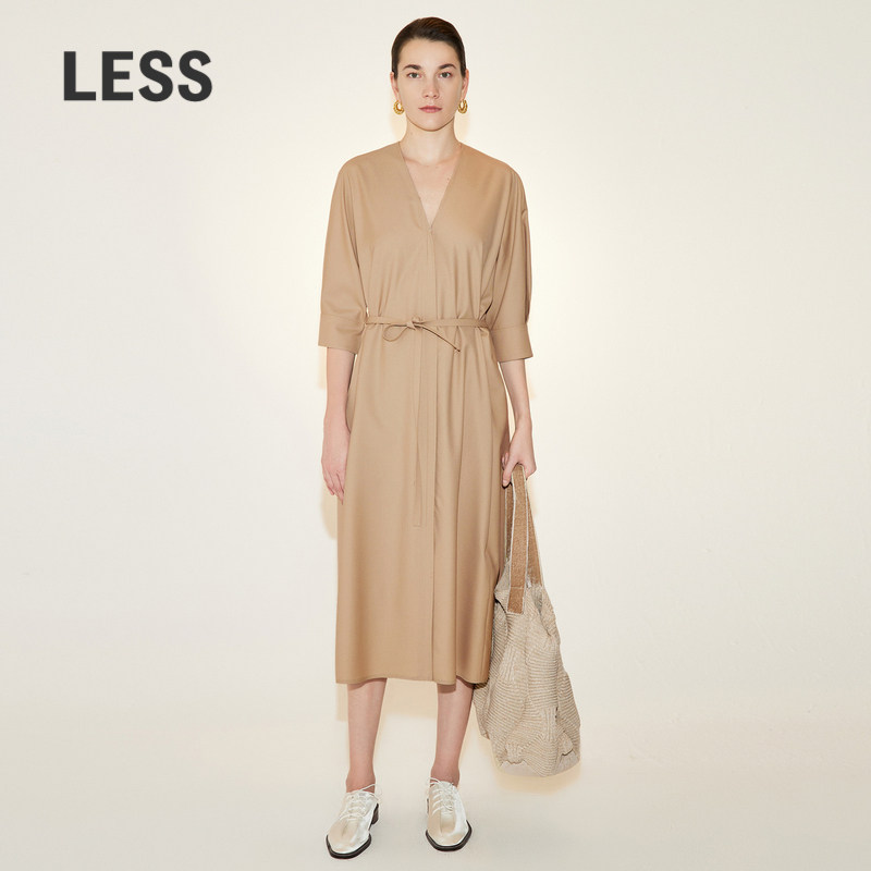 LESS春季棉质裙子女休闲气质V领收腰风衣式短袖连衣裙2N3G1