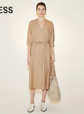 LESS春季棉质裙子女休闲气质V领收腰风衣式短袖连衣裙2N3G14110