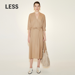 连衣裙2N3G14110 短袖 LESS春季 棉质裙子女休闲气质V领收腰风衣式