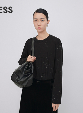 LESS春季棉质云龙纹上衣拓印圆领套头休闲时尚长袖T恤2O1114010