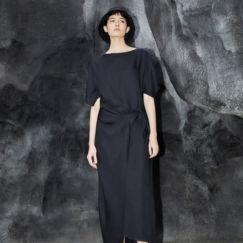 LESS夏季黑色亚麻短袖连衣裙女气质收腰一字领度假长裙2O4G1