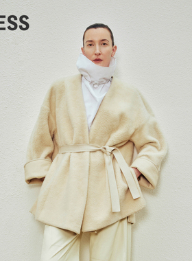 LESS冬休闲宽松无领系带时尚设计感中长款皮衣外套女2O0A11890