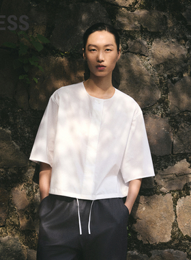 LESS春夏宽松短袖衬衣女含长绒棉纯色休闲简约圆领衬衫2O5214460