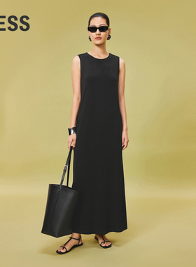 LESS夏季休闲简约无袖纯色长裙套头黑色A型圆领连衣裙2O6G13910