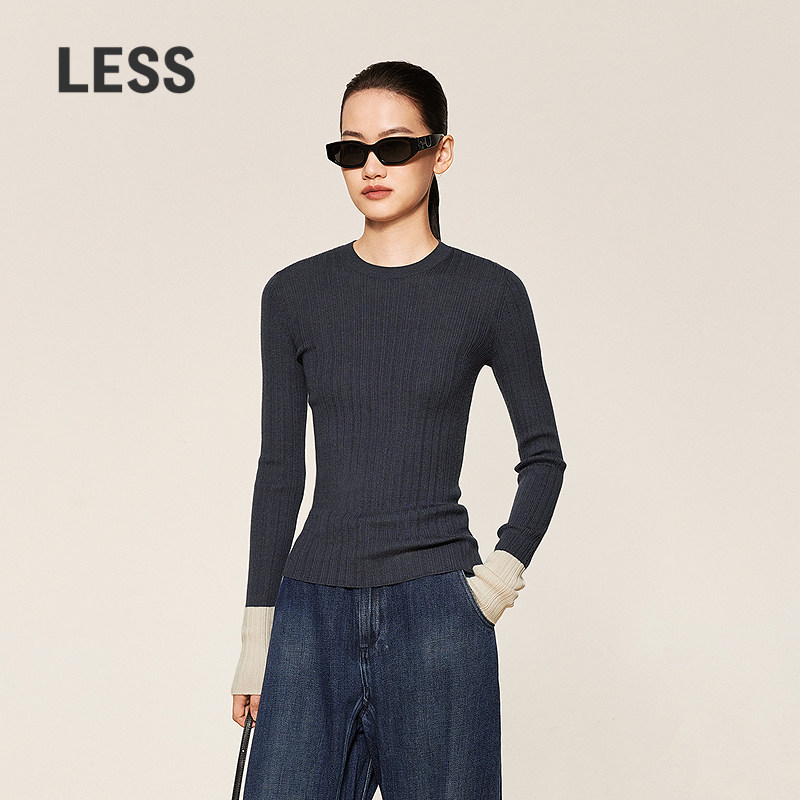 LESS秋简约通勤风修身设计感针织衫圆领长袖套头毛衫女2O931