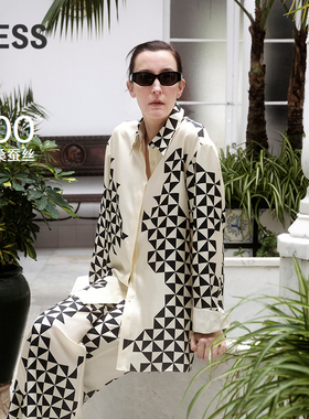 LESS几何撞色休闲衬衫女6A桑蚕真丝慵懒风垂感长袖衬衣2O4213310