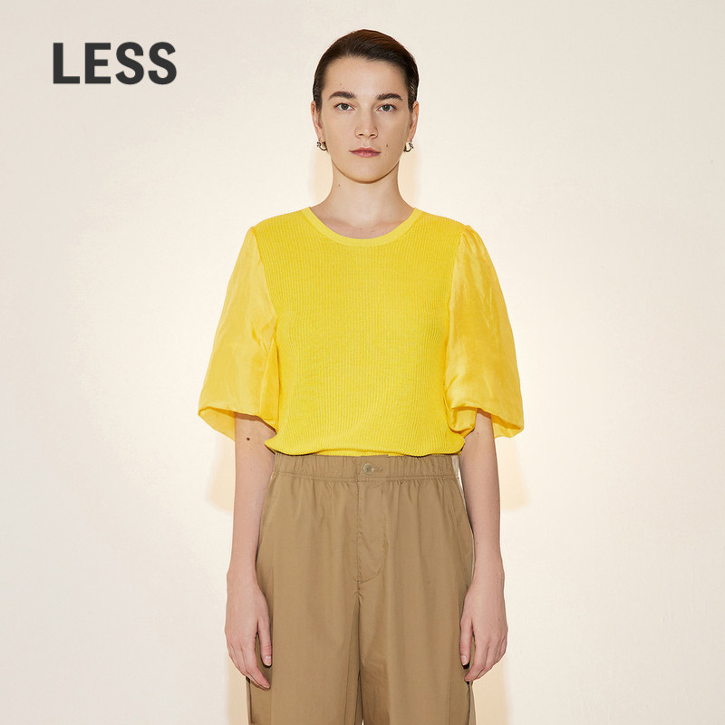 LESS夏季棉质针织衫女休闲宽松套头拼接短袖毛衫上衣2N5312
