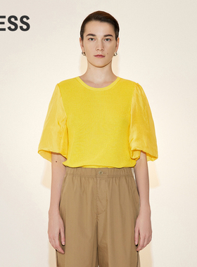 LESS夏季棉质针织衫女休闲宽松套头拼接短袖毛衫上衣2N5312060