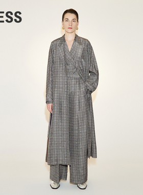 LESS春季桑蚕真丝风衣女休闲宽松格纹系带长款外套2N3911810